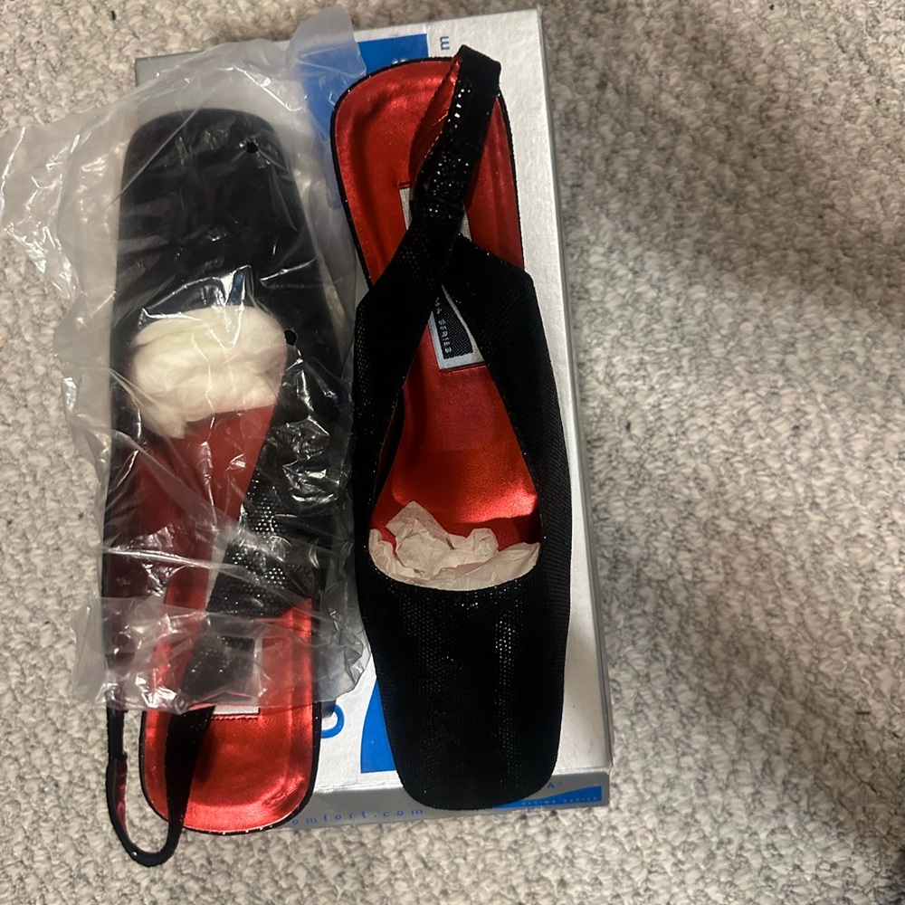 Black Satin Slingback Heels with Red Insole